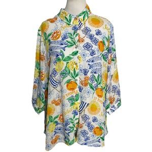 Rose + Olive Button Up St Tropez Soleil Beach Blouse Shirt 2X Cruise Resort NWT